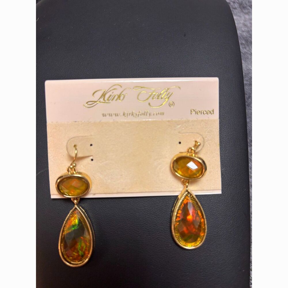 Vintage Kirks Folly Fire Opal Glass Teardrop Dangle Pierced Earrings